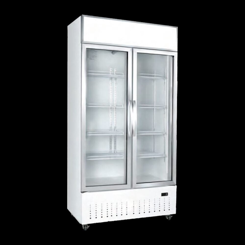 Glass door chest freezer display unit sourced for retail supermarket wholesale networks.
